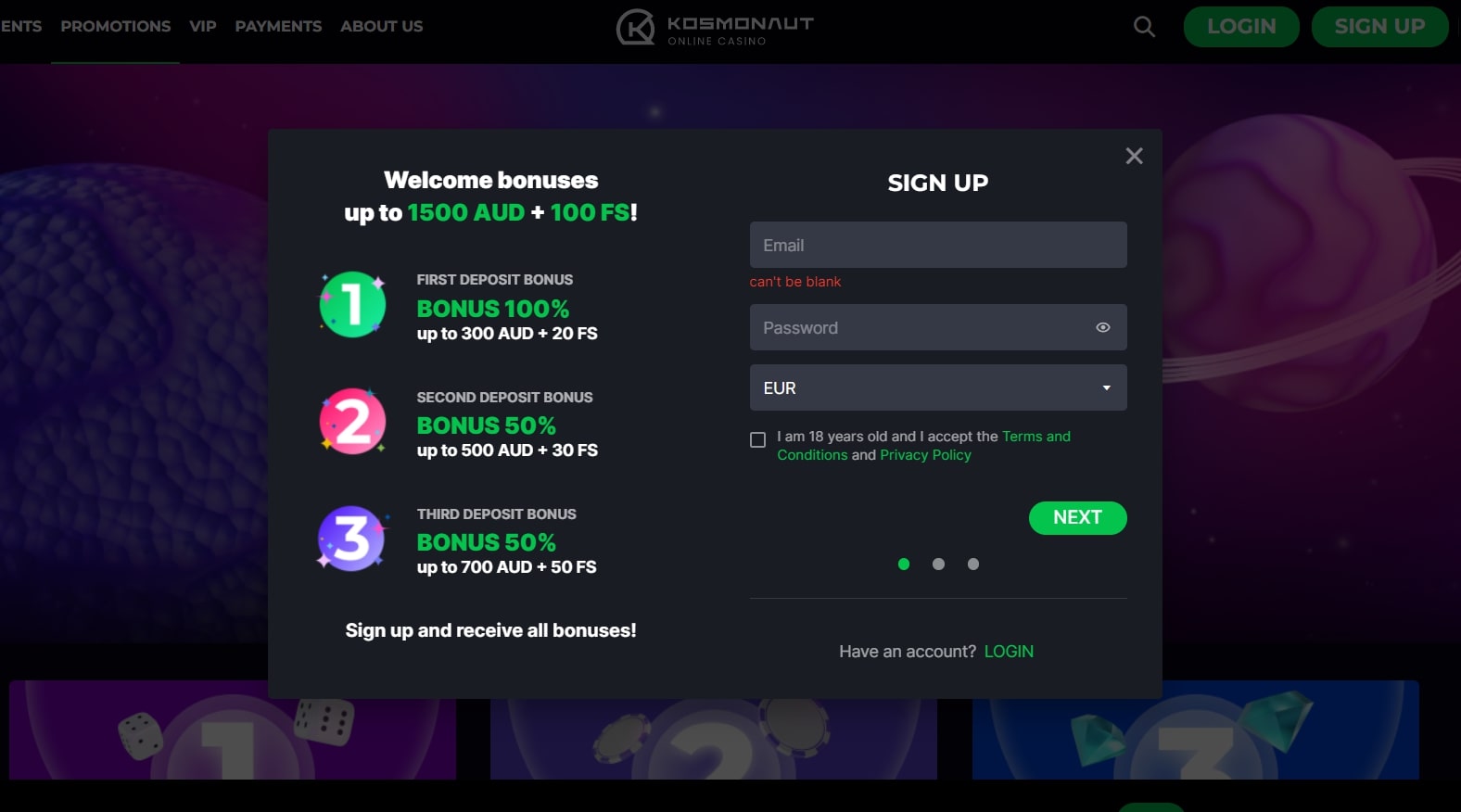 Kosmonaut Online Casino Create an Account