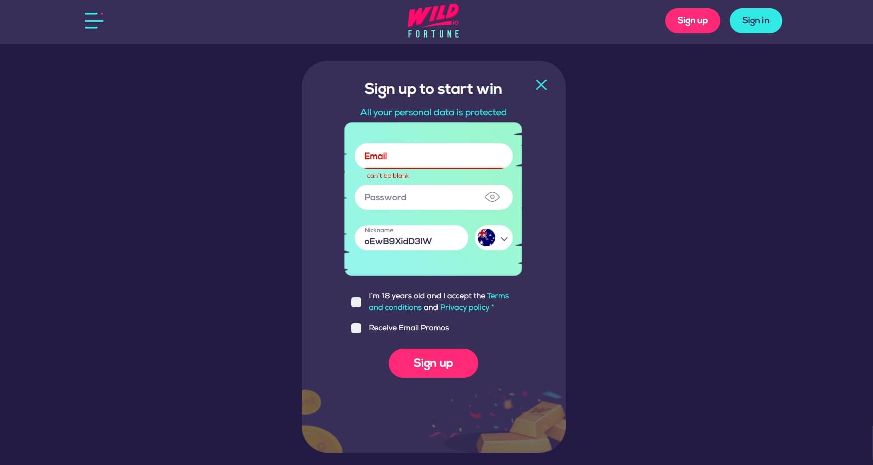 Register for Wildfortune Online Casino